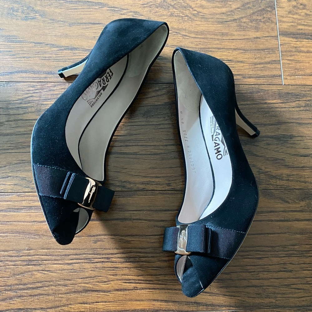 Ferragamo Black Suede Vera Bow Peep Toe Heels